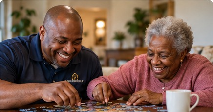 Illustration of a companion and older adult enjoying a puzzle together